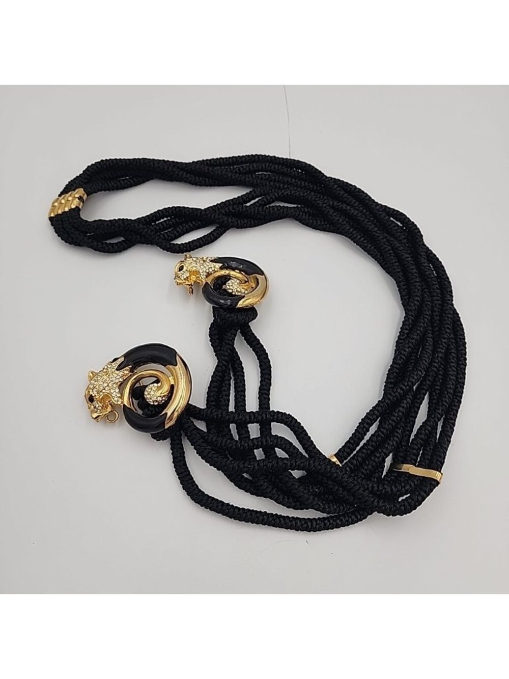 Vintage Round Rhinestone Lion Gold Buckle Black Rope Belt 56" In Length